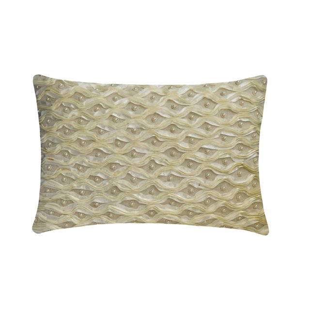 The HomeCentric Decorative Lumbar Pillow Cover Ivory 12"x20" (30x50 cm) Linen Pearl, Ribbon, Hand Embroidery Oblong Pillow Cover, Abstract Modern Style - Ivory Ripple