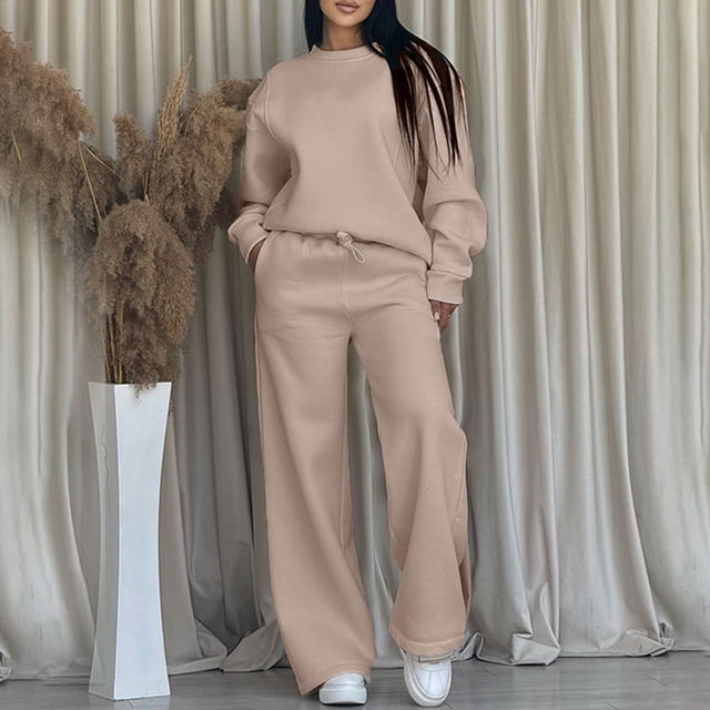 Wensltd Ensemble à Capuchon pour Femmes Couleur Unie Décontracté Col Ras du Cou Manches Longues Haut et Pantalon