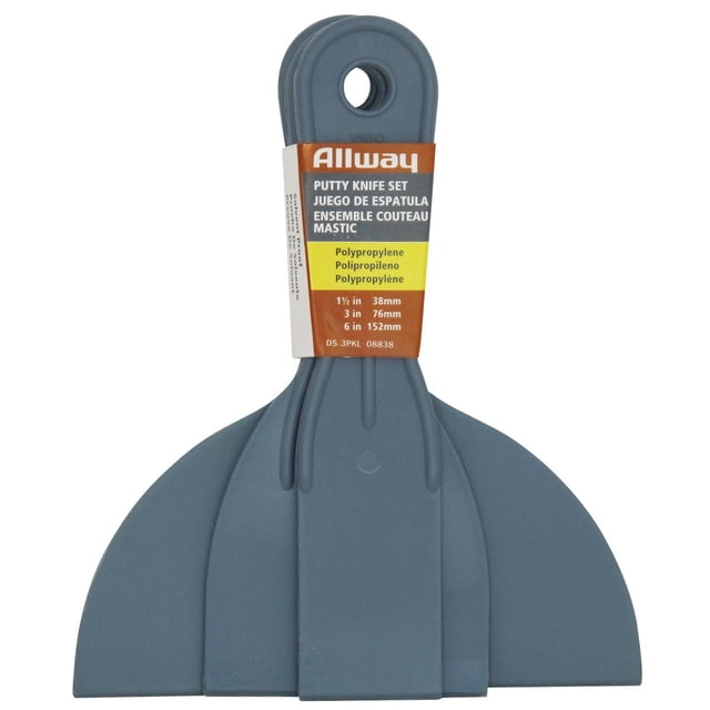 Allway Couteaux à Mastic en Polypropylène, Lot de 3, avec Trois Lames en Polypropylène Légères et Anti-Solvants et Poignées Moulées, Tailles 1,5 Pouces 3 Pouces et 6 Pouces, Conçus pour l'Application de Mastic, le Rapiécage et le Grattage de Peinture pendant la Préparation des Surfaces; Convient aux Tâches de Grattage de Petits Détails.