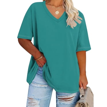 Meichang T-Shirts pour Femmes Grande Taille à Manches Courtes à Col en V T-Shirts Basiques Coupe Ample Tuniques Décontractées Hauts Économies d'Été Vêtements pour Femmes Soldes Liquidation