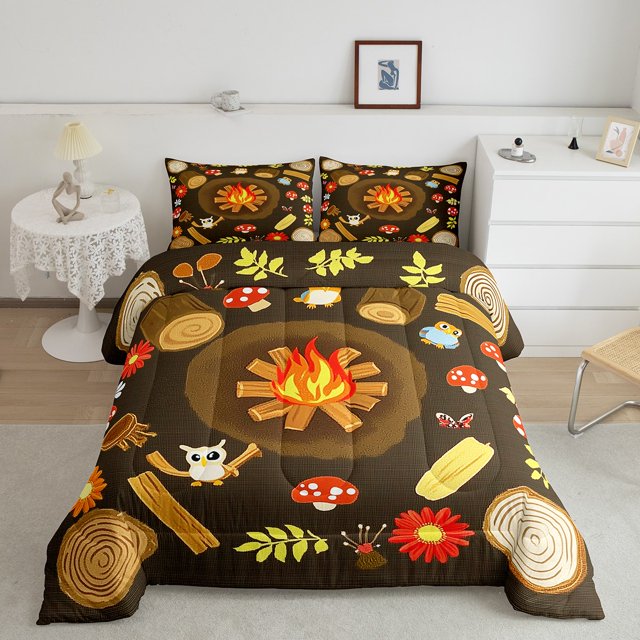 Erosebridal Happy Caming Bedding Full Comforter Set, Cartoon Flower Down Comforter, Adventure Theme Decor, Reversible 3pcs