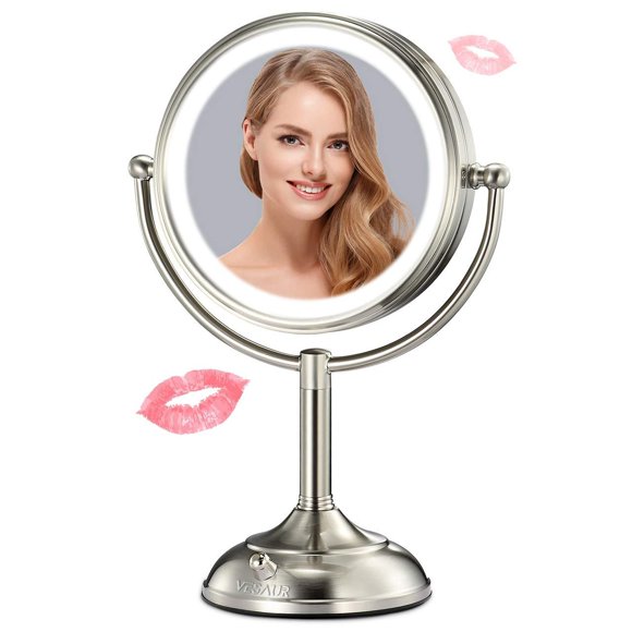 VESAUR Professional 7.5" Lighted Makeup Mirror, 10X Magnifying Vanity Mirror with 28 Medical LED Lights, Senior Pearl Nickel Cosmetic Mirror, Brightness Adjustable(0-1100Lux) Desk Lam
