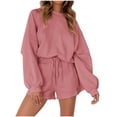 thumbnail image 1 of Yuyuzo Ensemble de Survêtement Décontracté pour Femme à Manches Longues, Couleur Unie, Col Ras du Cou, Chandail à Enfiler, 2 Pcs, Shorts, Tenue de Sport, 1 of 6