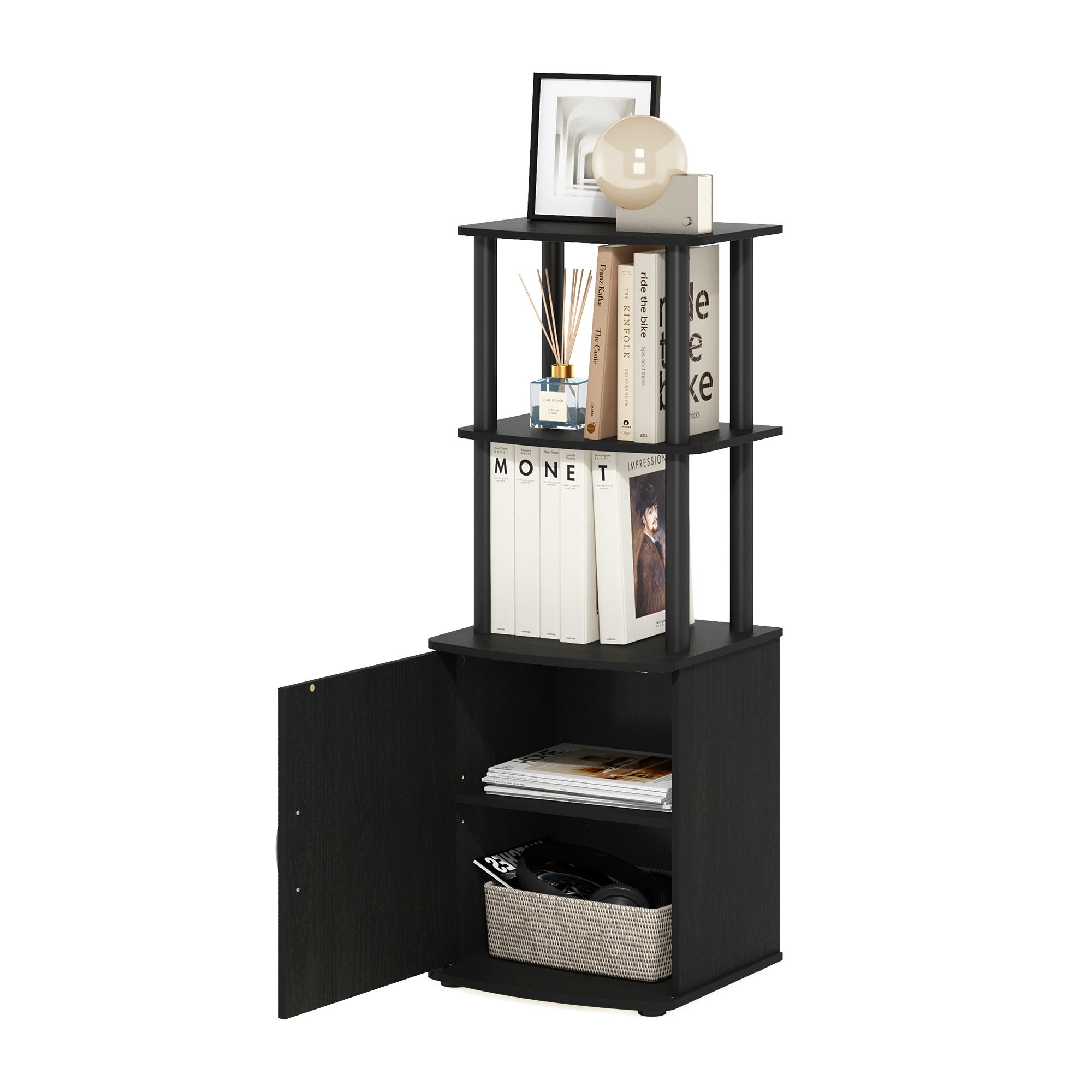 Furinno Turn-N-Tube 3-Tier Black Storage Shelves with Door Cabinet, TV Stand Side Book Shelf, Bookcase, for Organization and Storage, Living Room, Home Office, Blackwood