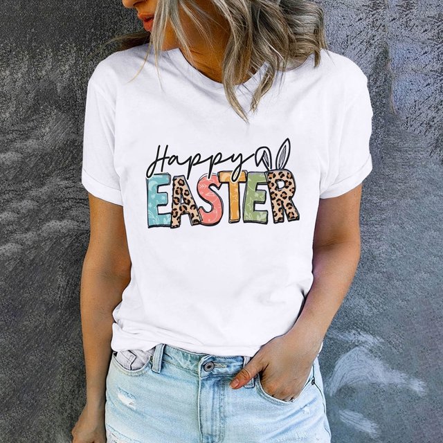 EGNMCR T-shirt de Pâques Chemises pour Femmes Imprimé de Pâques T-shirt à Col Rond pour Femmes Mode et Confortable Haut de Chemise pour Femmes Haut/chemise à Manches Courtes à Col Rond T-shirt pour Femmes