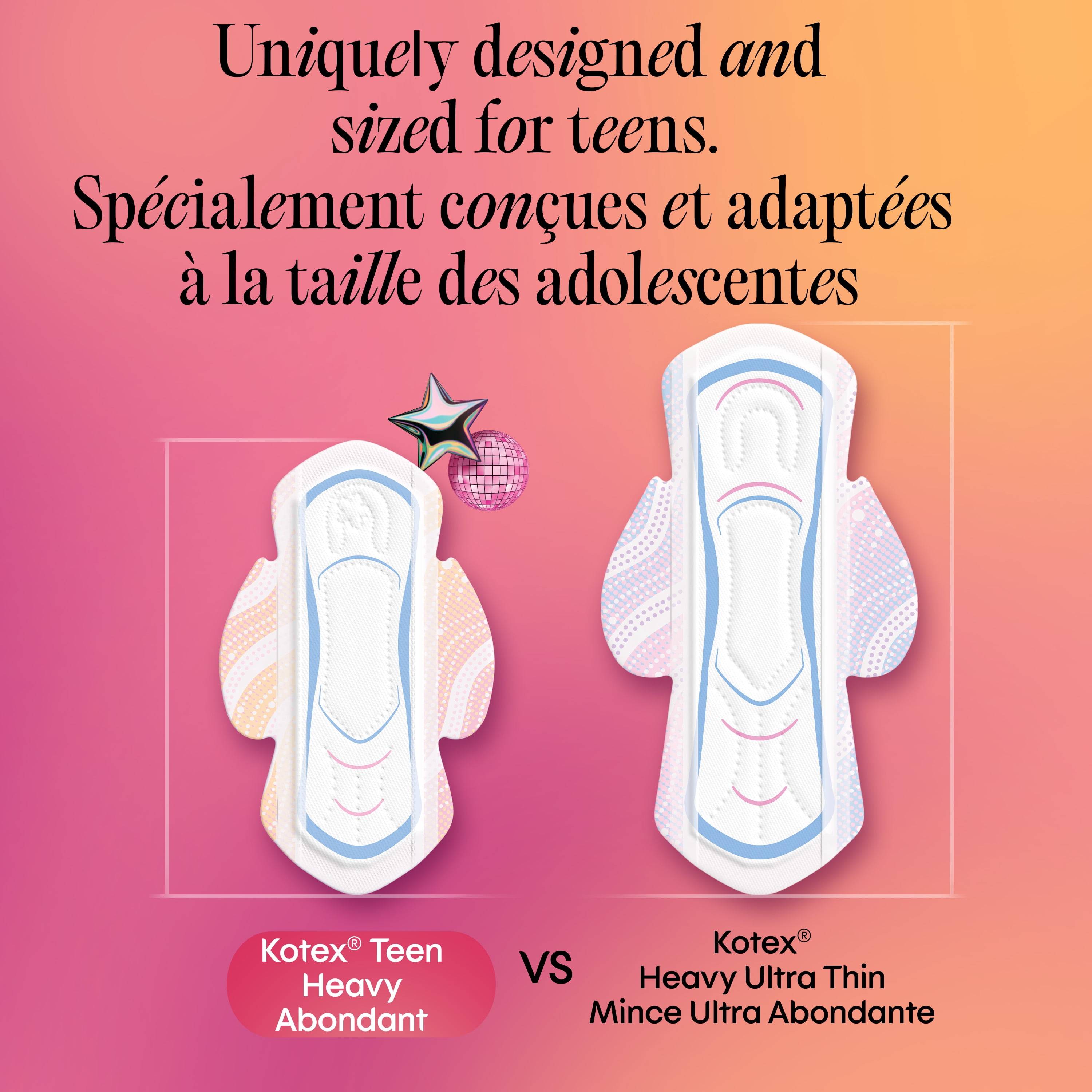 Serviettes ultraminces pour adolescentes Kotex avec ailes, absorption élevée, 36 unités