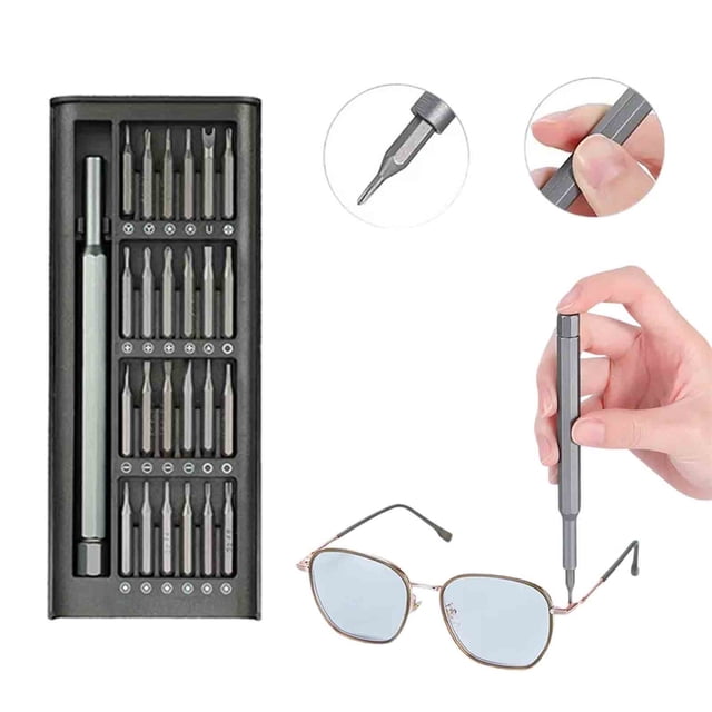 TopLLC Household Multifunction Screwdriver Set 24 In 1 Screwdriver Set Repair Tool Kit with a grey alloy handle and 24 precision steel magnetic drill bits stored in a buckle box for organization. Features close-up views of the screwdriver tip and a hand using the tool to repair eyeglasses, ideal for precision tasks like electronics and watch repairs.