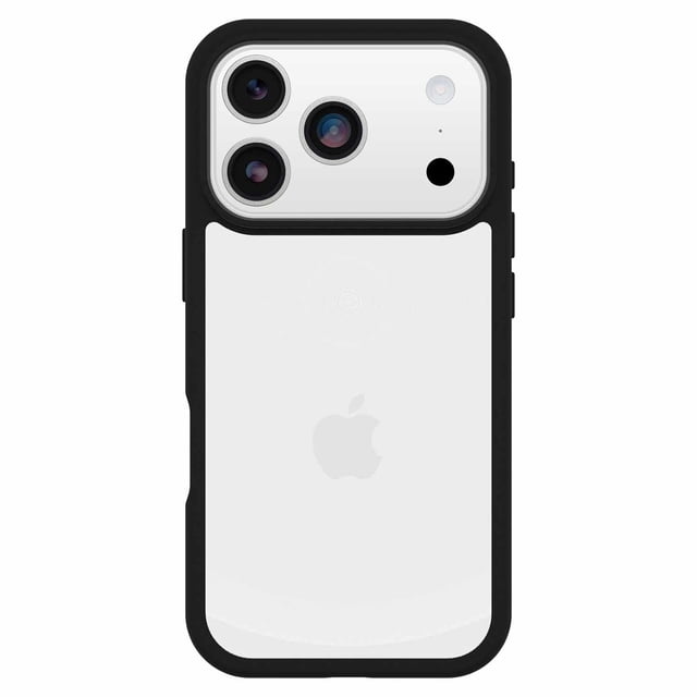 OtterBox ProfIle Case Black Crystal (Black) for iPhone 17 Pro showing a centered rear view of the phone with a slim, ultra-thin black hard case featuring soft-touch edges for grip, precisely fitted around the triple camera module and flash, designed for drop protection and wireless charging compatibility.