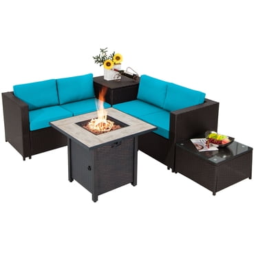 Patiojoy 5-Piece Patio Furniture Set with 30 Inches Gas Fire Pit Table Outdoor PE Wicker Conversation Sectional Sofa Set with Cushions Turquoise