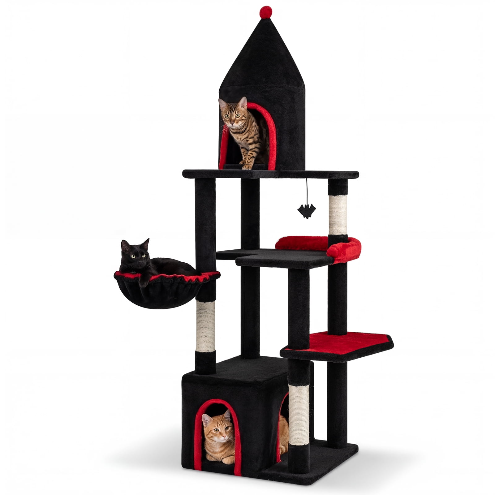 Gymax 63'' Gothic Cat Tree w/ Condo Top Cave Sisal Scratching PostsBat Hanging Toy