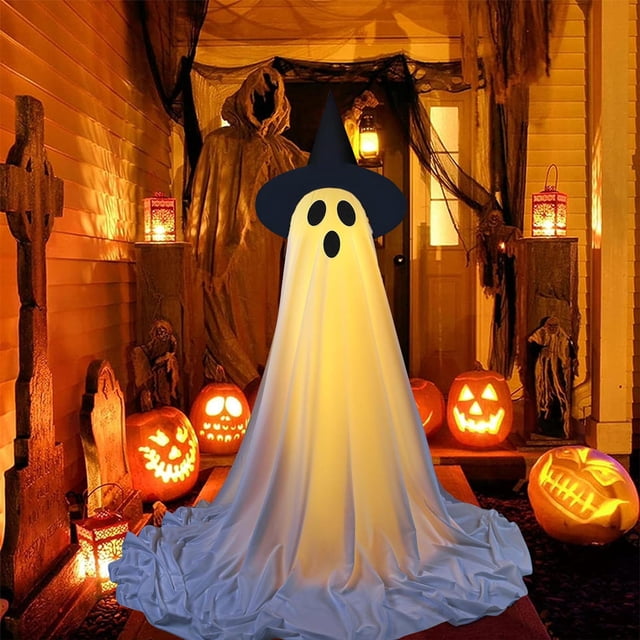 Fall Savings!Halloween Ghost Decorations Adjustable Height LED Light-Up Ghosts with Remote Control front-facing view of illuminated white fabric ghost figures on extendable telescopic stands and a hanging display; translucent fabric glows from battery-powered LED lights, adjustable heights 1.3 to 6.5 ft, remote control noted, photographed on a porch at dusk with steps and lawn, often used to line walkways or add spooky accent lighting for yard, porch or party decor.