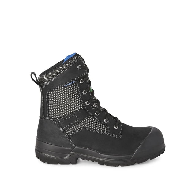 Workload Bottes de Travail de Sécurité pour Hommes en Noir avec Tige de 8 Pouces, Bout Rond, Fermeture à Lacets, Conception Imperméable et Semelle Extérieure en Similicuir pour l'Adhérence, Montrées sur un Profil Latéral sur Fond Blanc, Convenant aux Environnements de Travail Robustes.
