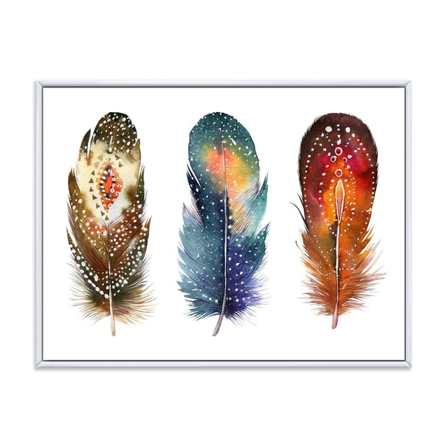 Designart Ensemble Coloré de Plumes Boho IX Cadre Flottant ART Mural avec Trois Plumes Bohèmes Verticales dans des Tons d'Aquarelle Bleu, orange et Brun Accentués de Pois Blancs, Imprimé sur Toile de Coton de Qualité Supérieure et Enveloppé dans un Cadre Flottant Blanc, Prêt à Accrocher pour la Déco de la Maison.
