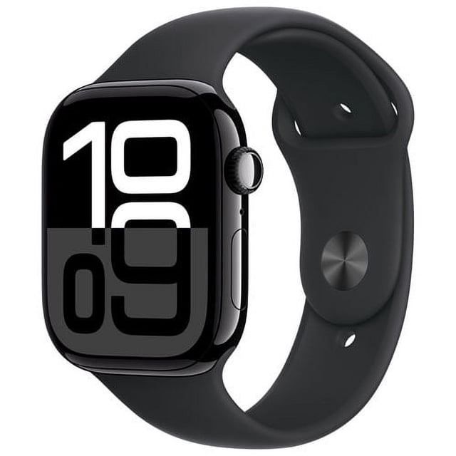 Open Box - Apple Watch Series 10 (GPS) 46mm Jet Black Aluminum Case with Black Sport Band in Small/Medium size. The smartwatch features a sleek rectangular display with bold white numerals on a black background. It includes a black sport band with an adjustable clasp. This open box item has been inspected for functionality, comes with a 180-day warranty, and is packaged in a generic box.