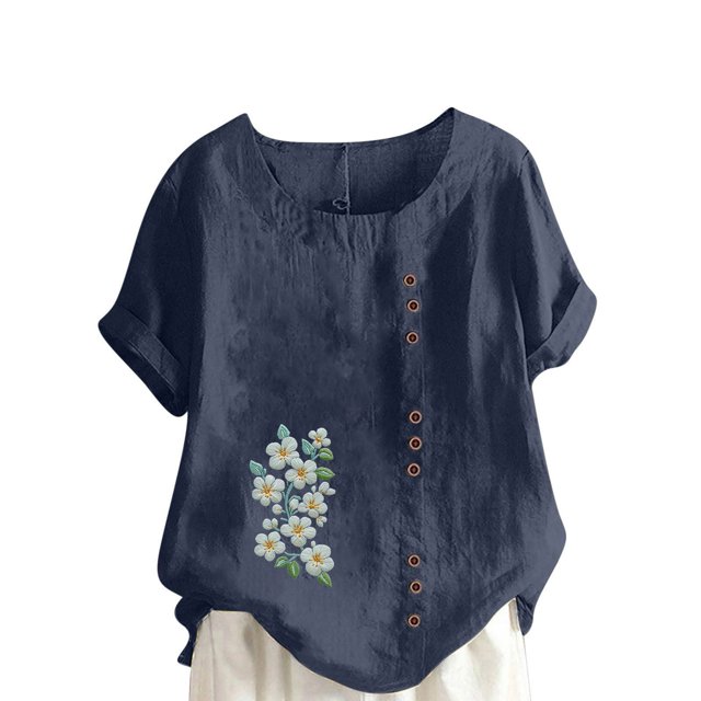 breaise Chemises pour Femmes en Coton et Lin à Manches Courtes, Col Ras du Cou, Blouse Mignonne à Motif Floral, T-shirt Graphique Décontracté Coupe Ample, Tunique T-shirt Blouse P-3TG Livraison Gratuite