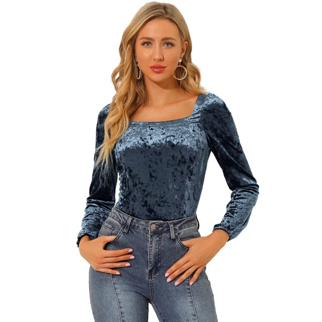 INSPIRE CHIC Blouse Haut à Encolure Carrée en Velours à Manches Longues pour Femme