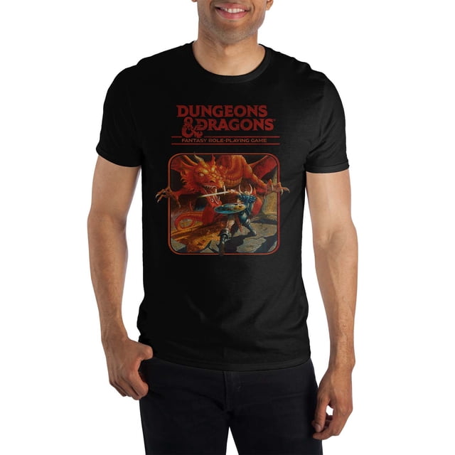 Dungeons & Dragons Classic Logo Black T-Shirt featuring the original D&D logo in red text above a vibrant illustration of a dragon and a warrior in combat. Made from 100% cotton, this officially licensed Bioworld apparel offers lightweight comfort and breathability. The black t-shirt is gender-neutral and suitable for fans and collectors. Machine washable with tumble dry low care instructions.