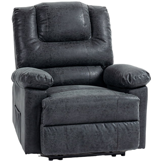 HOMCOM Manual Recliner Chair with Footrest Side Pockets Steel Frame Black, ideal for living room seating. Upholstered in soft PU leather with thick foam padding, overstuffed backrest, and padded armrests for comfort. Features a side tab for reclining up to 135 degrees and lifting the footrest. Includes two side pockets for convenient storage. Built with a durable steel frame, suitable for living rooms, bedrooms, or home offices. Dimensions upright: 36.2 inches wide, 36.8 inches deep, and 40.6 inches high.