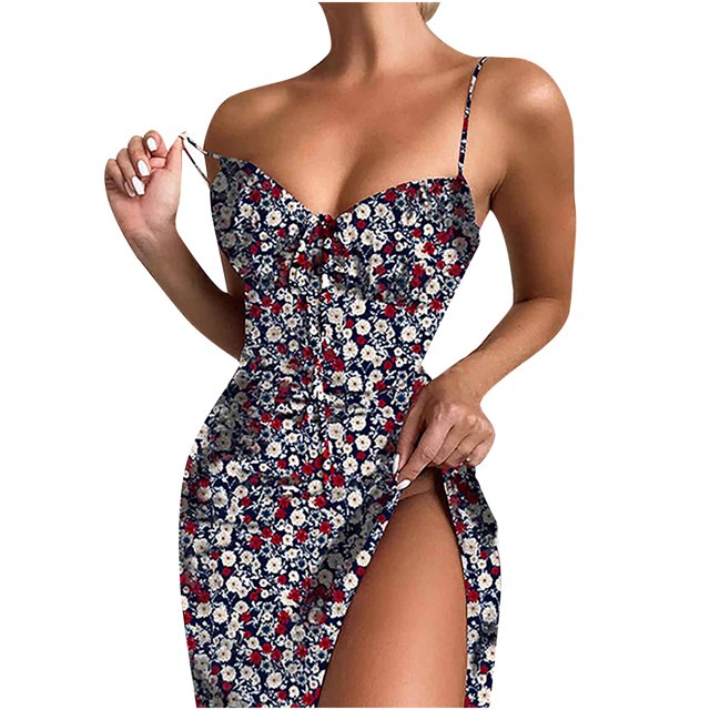 Leutsin Ladies Printed Slim Sleeveless Sling Strap Off Shoulder Open Back Dress
