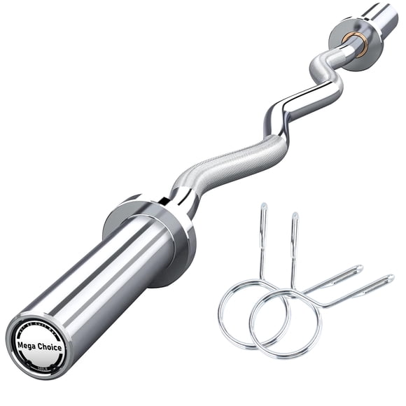 47" EZ Curl Weight Lifting Bar, Barbell Bar for Biceps, Triceps, Back and Leg Muscle Group Exercise, Chrome Home Gym Weight Bar with 2 Spring Collars for 2 Inch Weight Plates