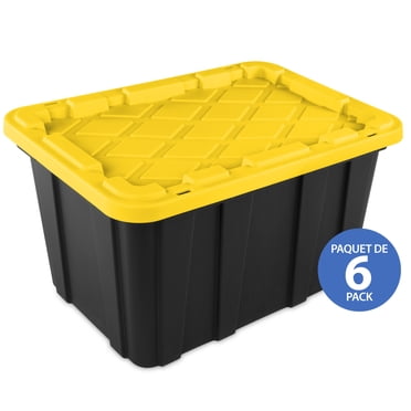 Sterilite Industrial Storage Tote,102 L Durable Plastic Storage Bin with Snap-Fit Lid, Black/Yellow - 6 Pk
