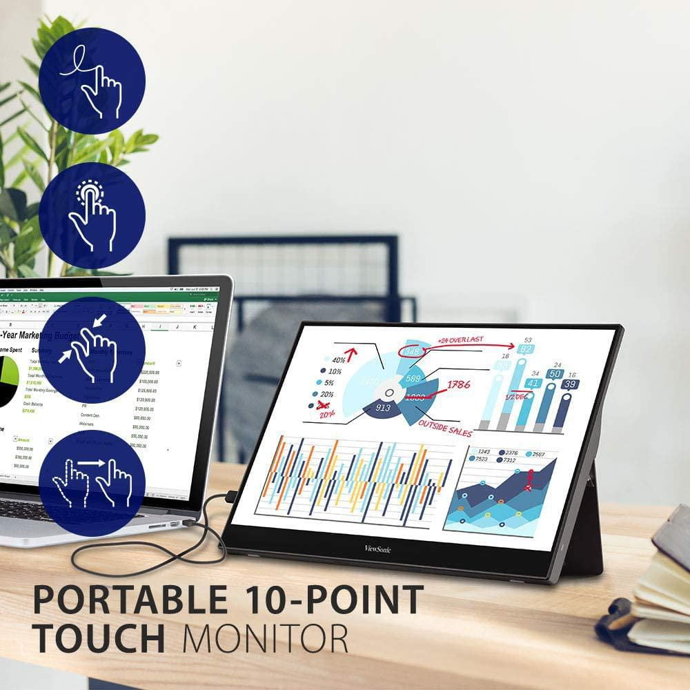Moniteur ultra portable Viewsonic 15,6 pouces 1080p avec écran tactile, alimentation 2 voies USB C 60 W, protection des yeux, double haut-parleurs, design sans cadre et support intégré avec couvercle