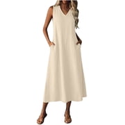 Fewfanhot Womens Dresses Summer Dresses Maxi Dress V Neck Sleeveless Beach Vacation Sundress Casual Long Dress with Pockets 2026