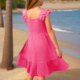 thumbnail image 3 of XIMIN Robes Décontractées pour Filles, Robe Midi à Encolure Carrée Froncée avec Manches à Volants et Poches, Sans Manches, Fluide, Robe d'Été pour la Plage, les Vacances et le Quotidien (Rose Vif, 13-14 Ans), 3 of 5