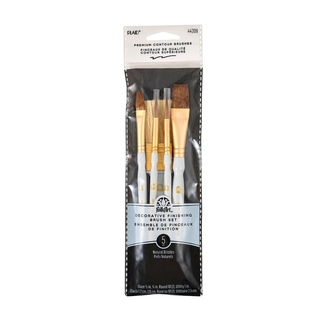 Plaid 5 Piece Finishing Brush Set includes five decorative paint brushes with white handles and gold ferrules, featuring glaze ½ and ¾ inch, round #10, and 1 inch utility brushes with natural bristles, suitable for smooth acrylic paint application and detailed craft work.