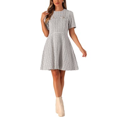 INSPIRE CHIC Women's Short Sleeve Crew Neck Elegant Skater Tweed Dress L Apricot