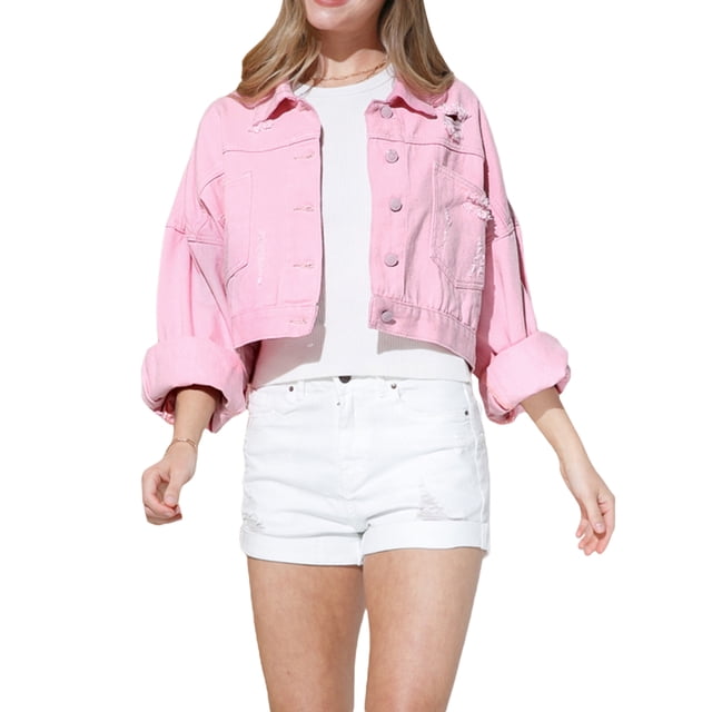 Diconna Veste en Jean Courte pour Femmes, Décontractée, Boutonnée, en Denim Déchiré avec Franges en Strass, Manteau d'Automne
