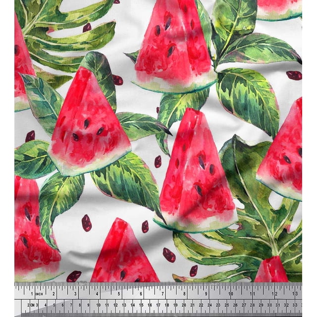 Soimoi Poly Georgette Fabric Monstera Leaves & Watermelon Fruits Print Fabric by Yard 52 Inch Wide