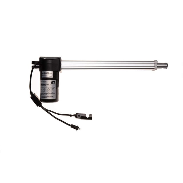 Kaidi Linear Actuator Model KDYJT006-20 Power Recliner Lift Chairs Motor Replacement. The motor features a 250mm (9.84 inches) stroke, a minimum installation dimension of 432mm (17 inches), and a speed of 36mm/s. It has a maximum load capacity of 800N and includes a 2-pin flat round power transformer connection and a 5-pin hand control plug connection. The actuator is shown with its black motor housing and silver extension rod, along with attached cables and connectors.