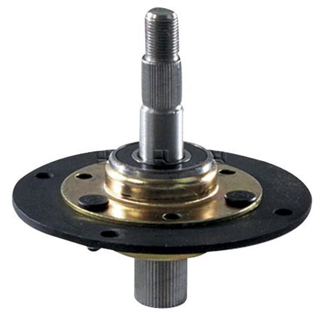 Laser spindle assembly measuring 5-15/32 inches in height with a 5/8 inch threaded top and 1 inch splined bottom, designed for 38 and 42 inch cut decks in 600, 700, 739, 750, and 805 series automotive specialty parts.
