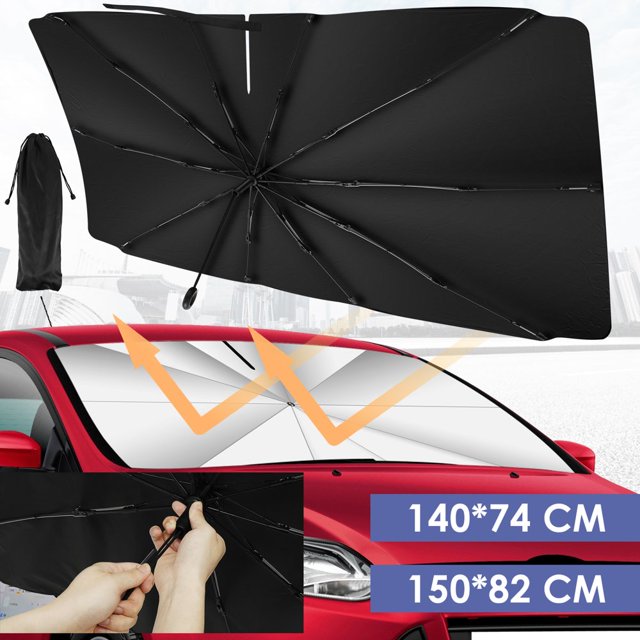 Car Windshield Sun Shade Umbrella Rodless Pull Ring No Scratch Rearview Opening Design UV Block & Sun Heat Protection Fit Most Vehicles Auto Sedan SUV Pickup Windshield