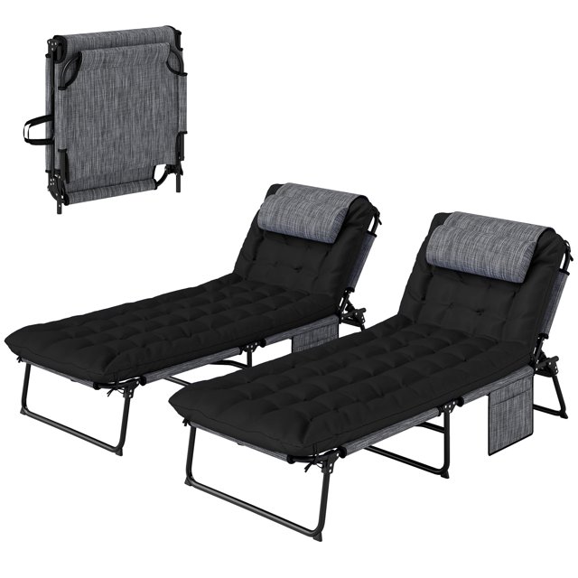 Outsunny 2 Pcs Chaises Longues Pliantes, Chaises Inclinables pour Bronzage, Noir