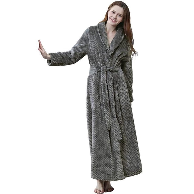 Women's Plush Fleece Robe with Elastic Waist Design Long Warm Solid Bathrobe Dressing Nightgown