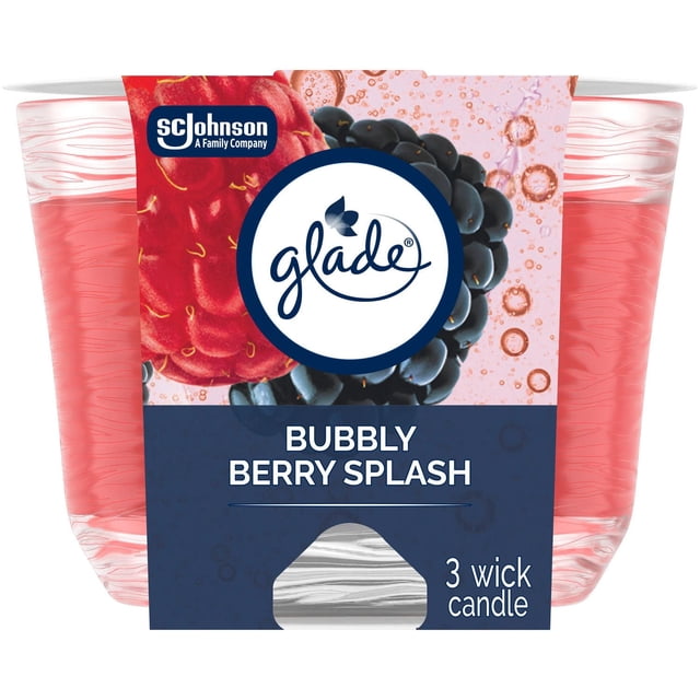 Glade® Bougie Parfumée à 3 Mèches Désodorisant d'Air, Éclaboussures de Petits Fruits dans un Pot en Verre Transparent avec Cire Rose, avec des images de Framboise et de Mûre sur l'Étiquette, Conçue pour Rafraîchir l'Air Intérieur avec un Parfum de Petits Fruits.