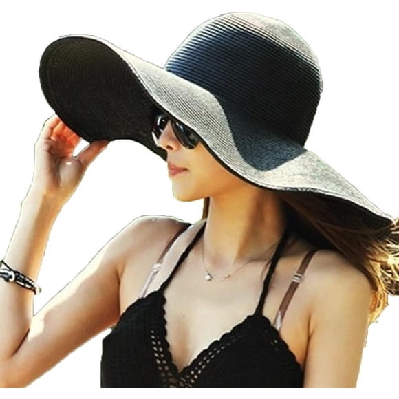 Woeilo Womens Beach Hat Striped Straw Sun Hat Floppy Big Brim Hat Black