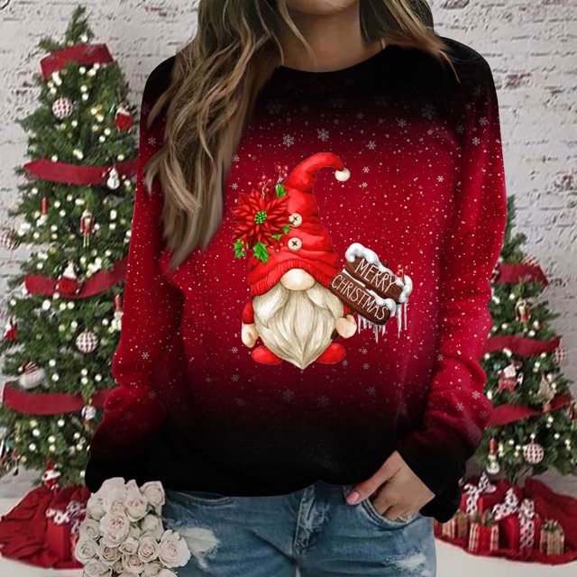 EGNMCR Chandail de Noël pour Femme à Col Rond Mode Décontractée à Manches Longues Chandail à Imprimé de Noël Hauts Blouse