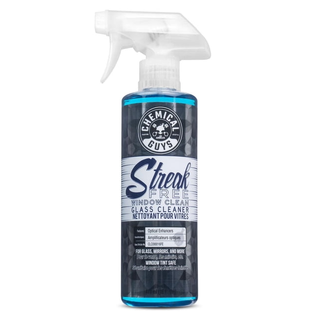Chemical Guys Streak Free Window Clean glass cleaner in a clear spray bottle with blue liquid, designed for streak-free cleaning of automotive glass, mirrors, and windows, safe for tinted surfaces and suitable for interior and exterior use.