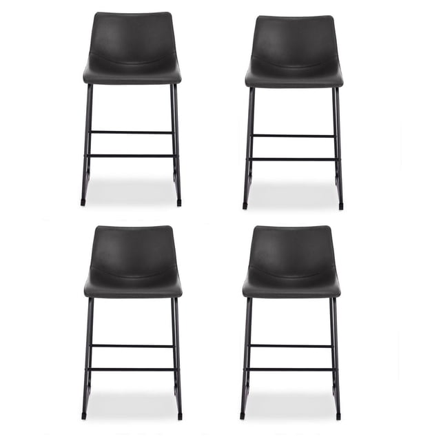 Heavenly Collection Black Bar Stool for Dining Area set of four with industrial-style black faux leather seats featuring matching zig-zag stitching and matte black powder-coated steel sled legs, 30 in seat height, suitable for kitchen or dining seating.