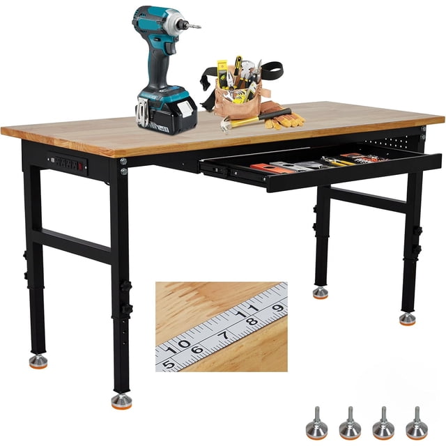 60 In Adjustable Workbench with Power Outlet Drawer and Pegboard 2000 lbs Heavy Duty Garage Work Table with Adjustable Height and Hooks