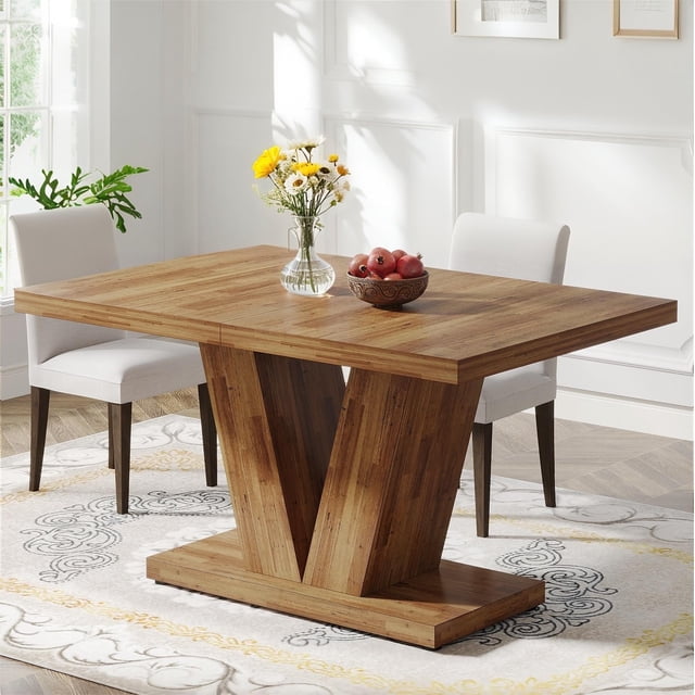 Fnova 47.24" rectangular farmhouse dining table with a rustic brown finish, featuring a V-shaped frame and a 1.57" thick engineered wood tabletop. Ideal as a modern kitchen table or dining table for small spaces, it seats 4 people and offers ample room for dining or decor. The table is waterproof, scratch-resistant, and easy to clean, blending seamlessly into kitchens, dining rooms, or cafes. Adjustable foot pads ensure stability on uneven floors, and it supports up to 220 lbs. Chairs not included.