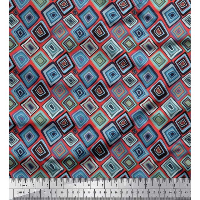 Soimoi Crepe Silk Fabric Square Geometric Decor Fabric Printed Yard 42 Inch Wide