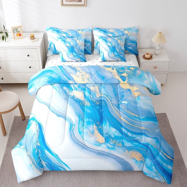 YST 7 Pcs Comforter Set Twin Size, Blue Marble Bed In A Bag With Flat Sheet And Fitted Sheet For Teens Adults, Stone Pattern Modern Golden Glitter Bedding Set With Pillowcases & Shams