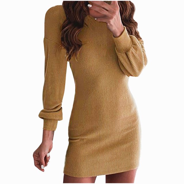 cfhntfmh Robes Moulantes pour Femmes Ajustées Col Ras du Cou Manches Longues Robe Mini en Tricot Côtelé Mode Découpe au Dos Robe de Soirée