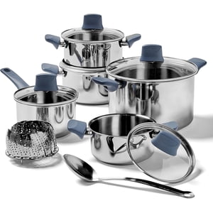 T-FAL Essentials Ensemble d'articles de cuisine en acier inoxydable 12 Pièce, Compatible à induction, Four sans danger 350F, Ensemble de cuisson avec pots, réserve, casserole, lit bébé & Outils, Marques de mesure, Lave-vaisselle sans danger, Argent/bleu