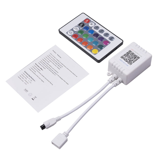 Contrôleur USB Bluetooth DC RGB, Barre Lumineuse Led, Contrôle Bluetooth par Wi‐Fi, Contrôleur Led pour Téléphone Mobile. l'Image Affiche un Contrôleur Rectangulaire Blanc avec Deux Câbles et un code QR, une Télécommande Multicolore avec Paramètres RGB, et une Feuille d'Instructions. Conçu pour le Contrôle Intelligent de la Lumière Led Bluetooth, les Scènes DIY et la Synchronisation de l'App Mobile.