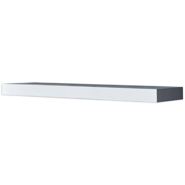 Hometrends 35 inch White Floating Shelf in clean white manufactured wood with a simple linear shape, 8 inches deep and 35 inches wide, mounted with steel rod brackets and included anchors, ideal for displaying books, plants, photos, and small decorative items.